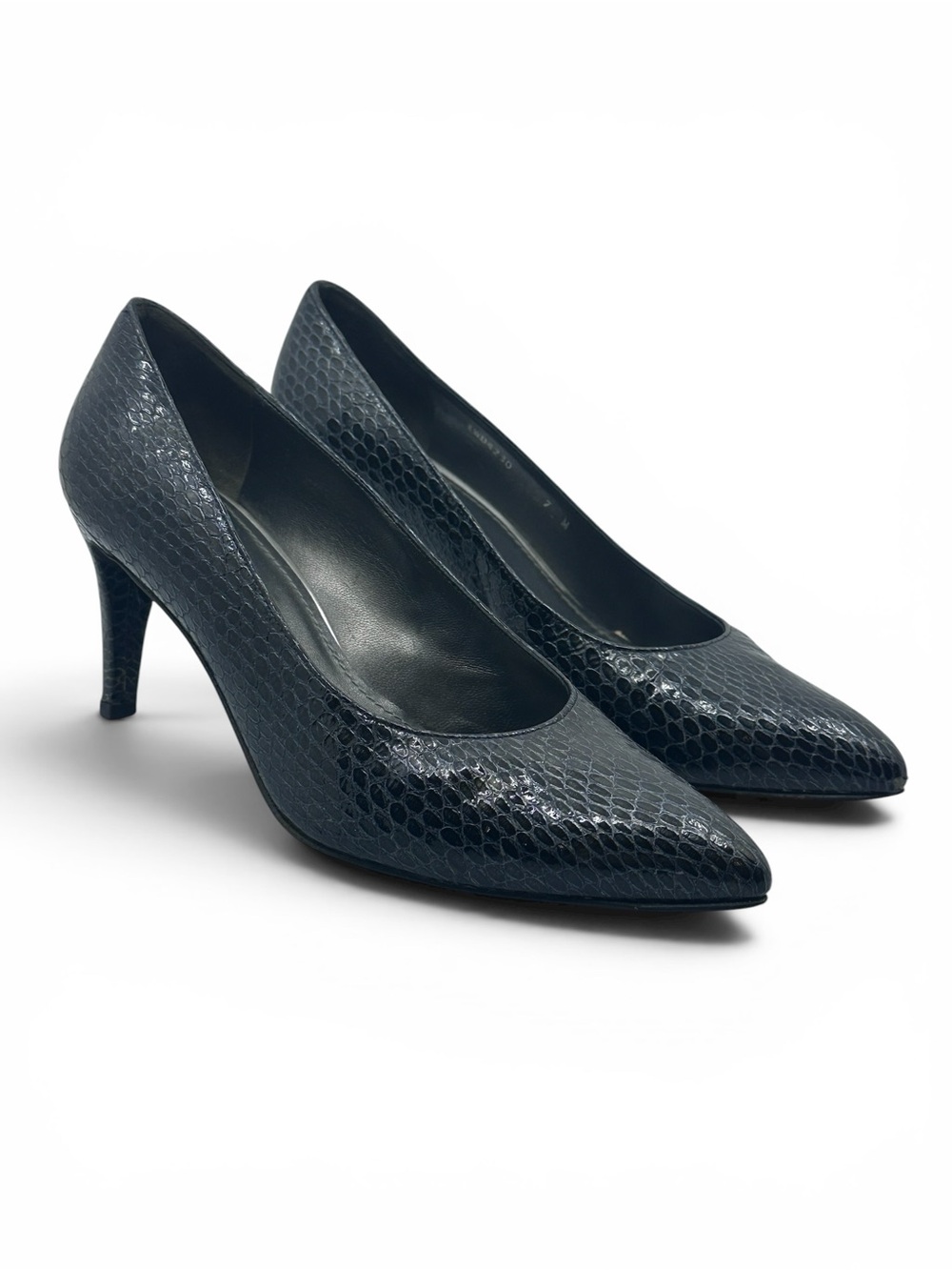 Stuart Weitzman 7M Snakemimi Embossed Leather Pumps Pointed Toe Heels Dark‎ Navy